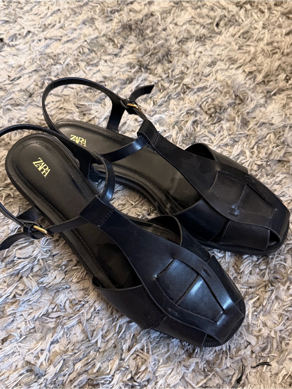 Zara Black Leather Peep-Toe Slingback Sandals